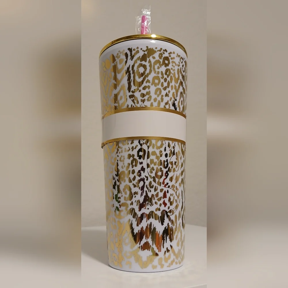 NWT Lilly Pulitzer Gold Leopard Tumbler With Straw